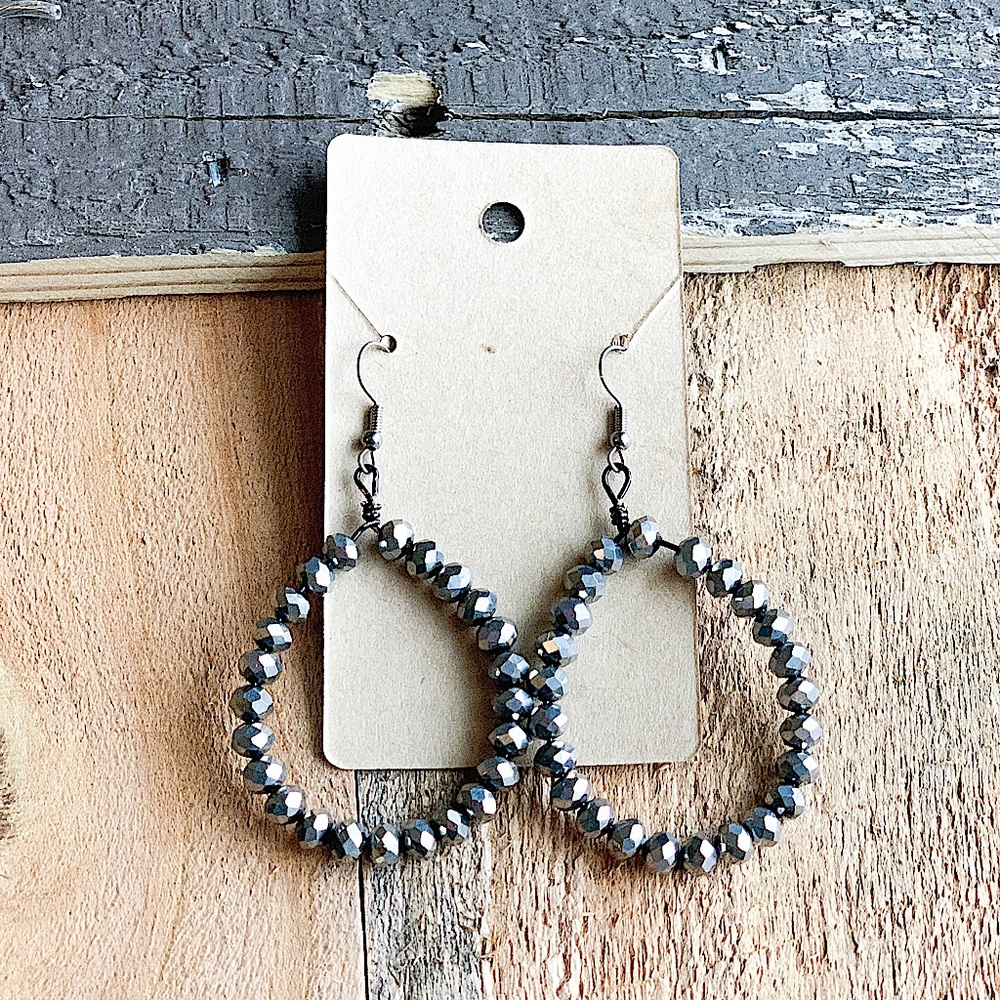 GUNMETAL GREY BEADED HOOP EARRINGS